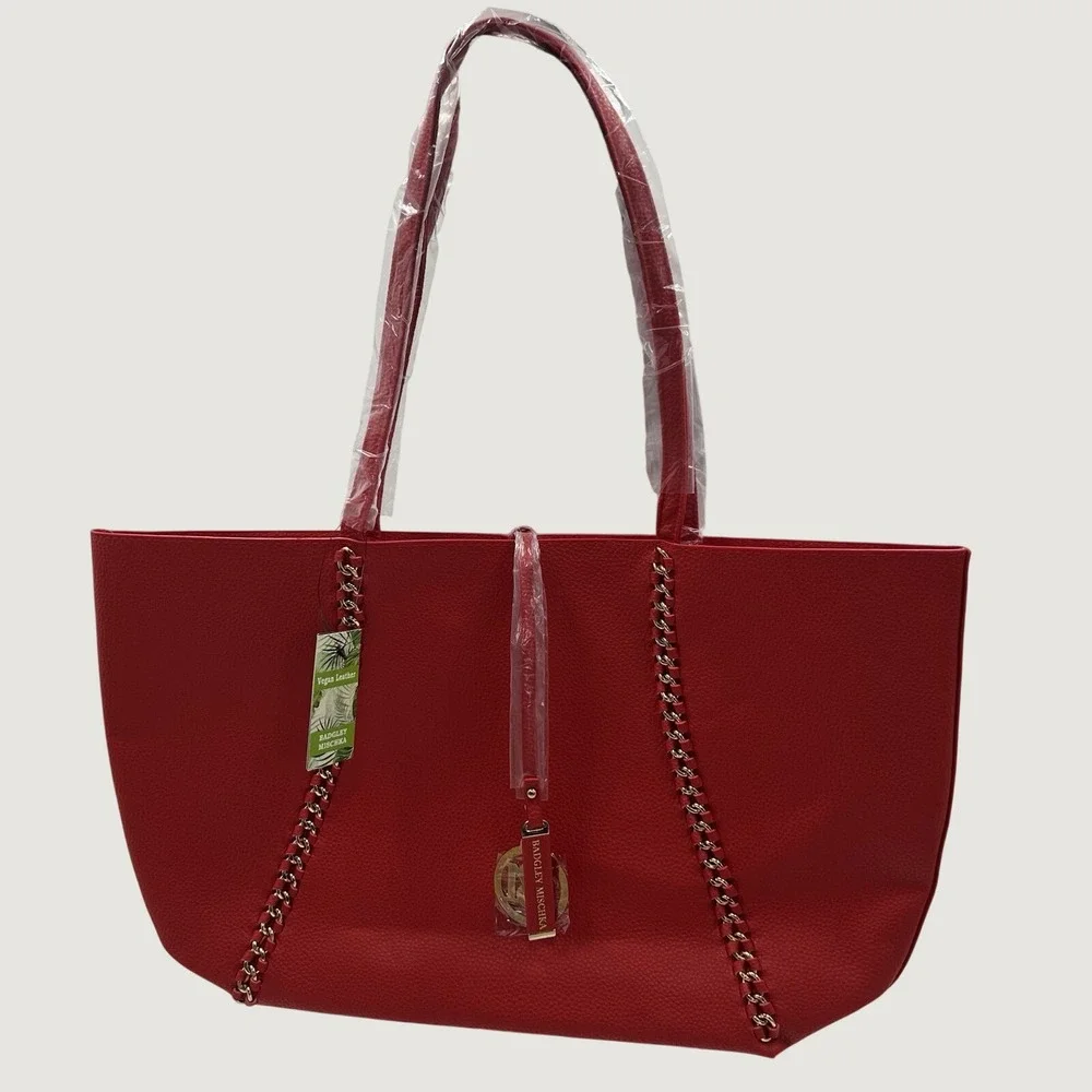 Badgley Mischka Red Vegan Leather Decorative Chain Tote Bag BMH-015‎ NEW
